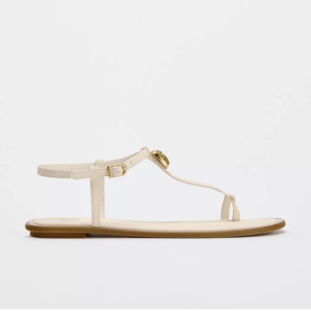 Zara Cream Metal Embellished Flat Sandals